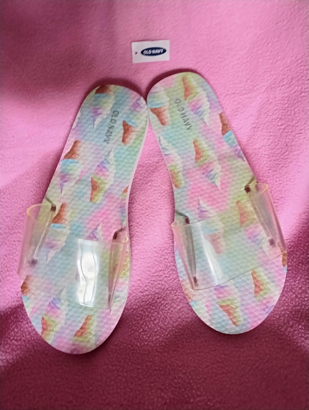 NWT Old Navy Pastel Ice Cream Print Slide Sandals with Clear Strap, Size 7